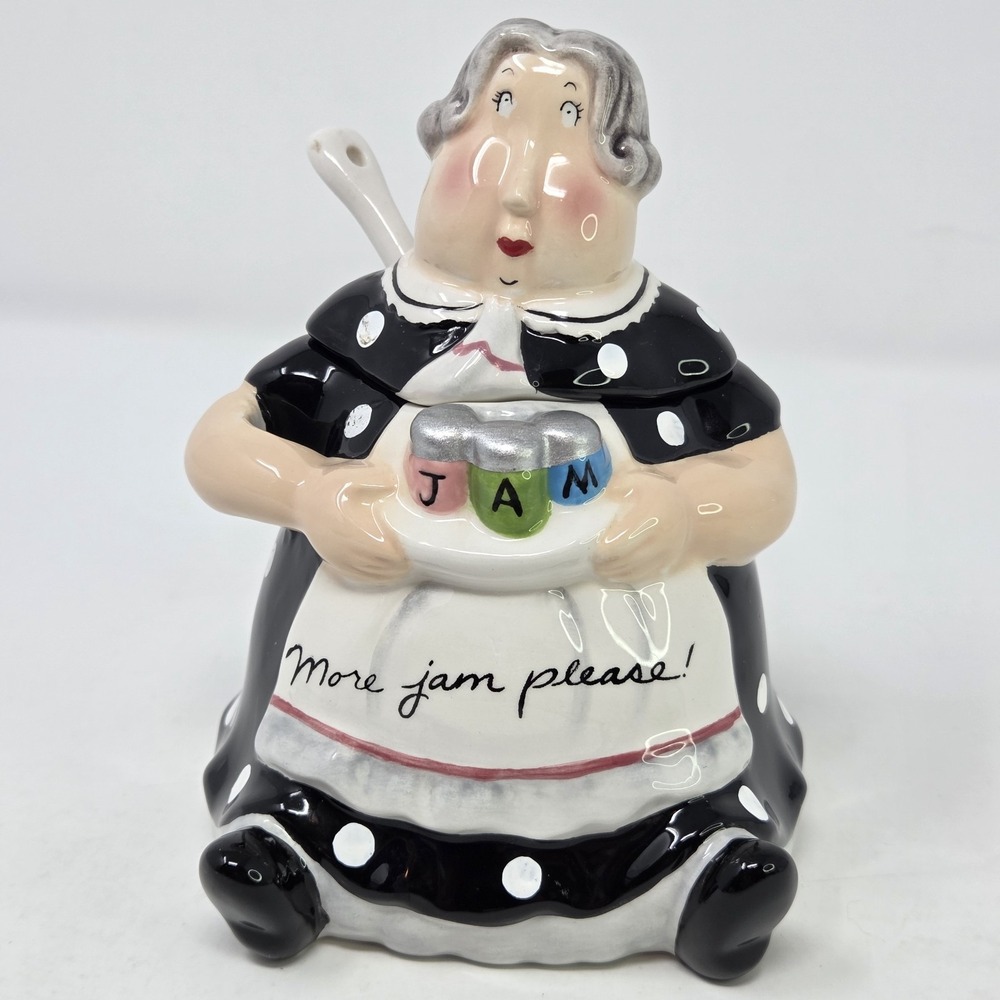 Whimsical Ceramic Lady Jam Jar with Spoon More Jam Please Polka Dot Dress